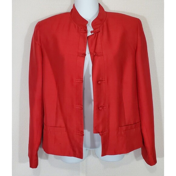 Jennifer West Blazer Jacket 6 Red Silk Asian Knot Closure Mandarin Collar Lined - Picture 2 of 11